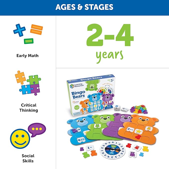 Learning Resources Bingo Bears - Custom Bingo Game for Kids, Matching Games for Toddlers 3-5, Toddler Board Games, Practice Counting and Color Recognition, Preschool and Kindergarten Classroom Toys