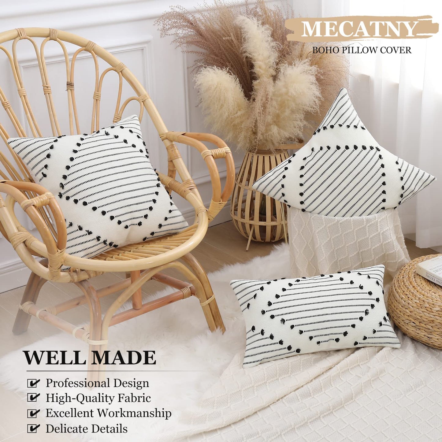 Mecatny Boho Outdoor Throw Pillow Covers 18X18 Set of 2, Farmhouse Decorative Summer Pillow Covers for Couch Sofa Living Room, Black & Cream White