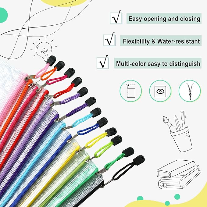 EOOUT 36pcs Mesh Zipper Pouches for Organizing, Zipper Bags, 16x11 Inches Large Puzzle Bags, 12 Colors Storage Bag Zipper File Bags for Office Supplies
