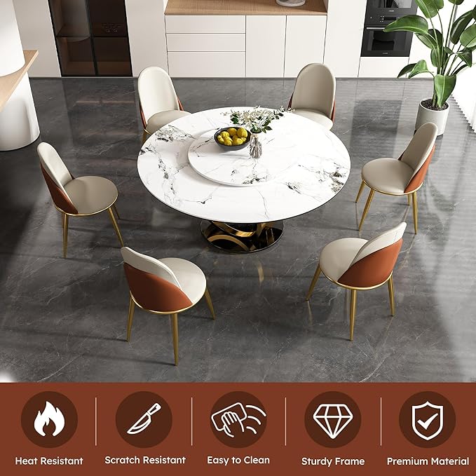 Dining Table Set with 6 Chairs, 59" Round Modern Marble Dining Table with Lazy Susan, Sintered Stone Top for Kitchen, Dining Room, Dinette