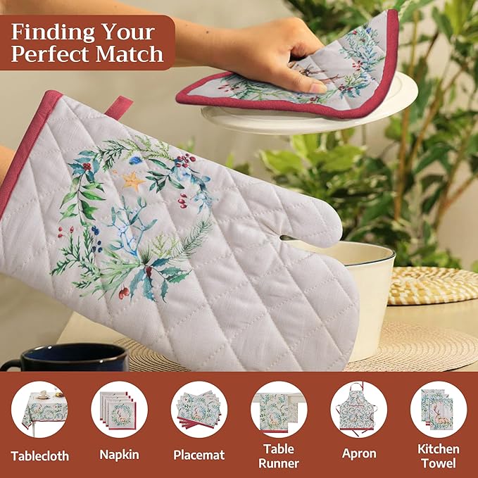 Maison d' Hermine Pot Holders Set 100% Cotton Heat Resistant Potholders 8" x 8" Hot Pads with Loop for Thanksgiving Christmas Decorations BBQ Cooking Baking Handling Hot Pans (Pack of 2, Holly Time)