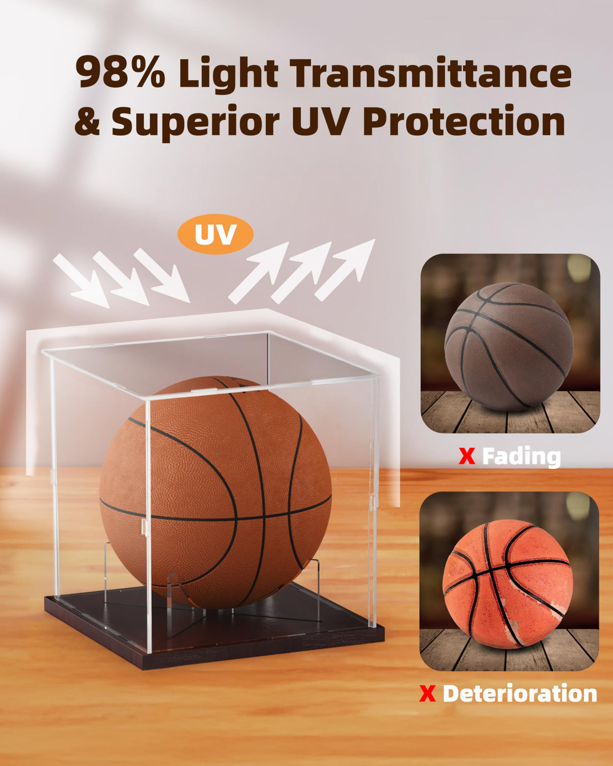 Fitense Full Size Acrylic Basketball Display Case with Solid Wood Base
