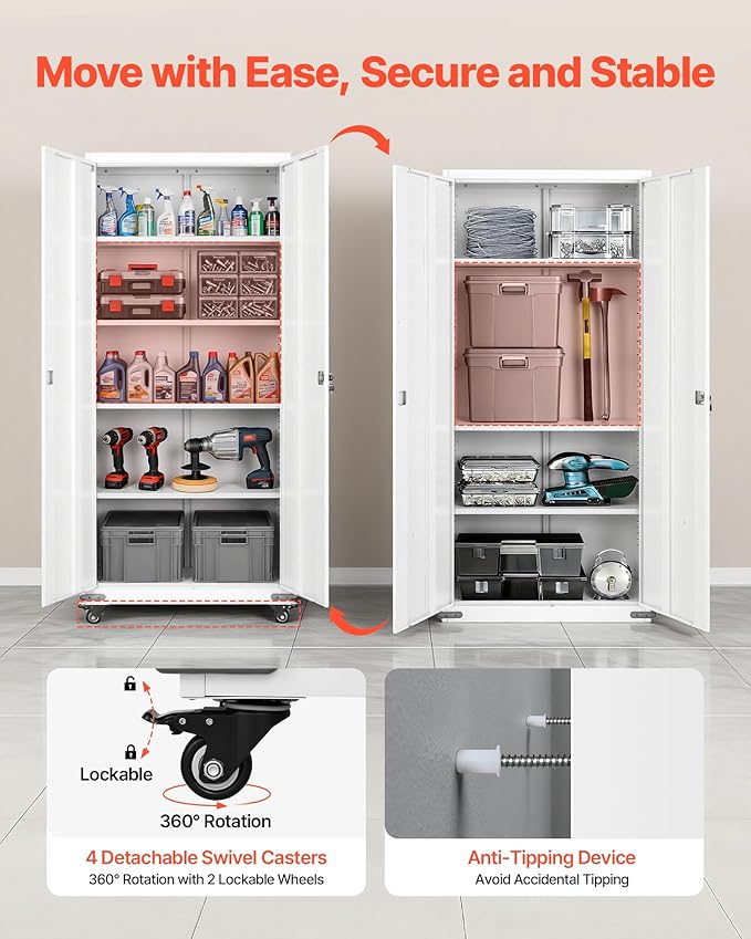 VEVOR Metal Storage Cabinet, 72.6 in Rolling Steel Garage Cabinet with 4 Adjustable Shelves, 2 Magnetic Doors & 2 Keys, 5 Tiers Lockable Tool Storage for Pantry, Warehouse, Basement, Office, White