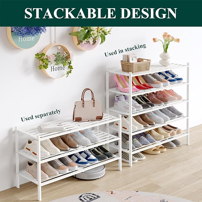 Smiry Long Bamboo Shoe Rack 3-Tier, Stackable Wooden Shoe Organizer for Entryway & Closet, Free Standing Wood Shoe Storage Shelf for Front Door & Small Spaces, White