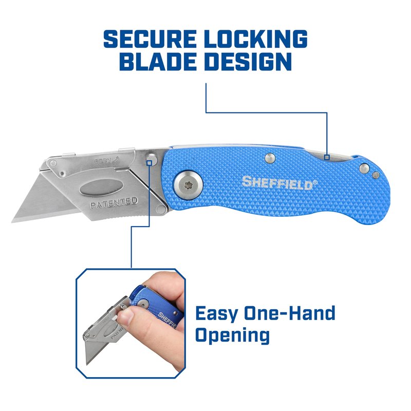 Sheffield Folding Utility Knife, Accepts Standard Utility Knife Blades, Box Cutter Aluminum Handle, Razor Blades Included, For Home, Office, Trades, and Warehouse