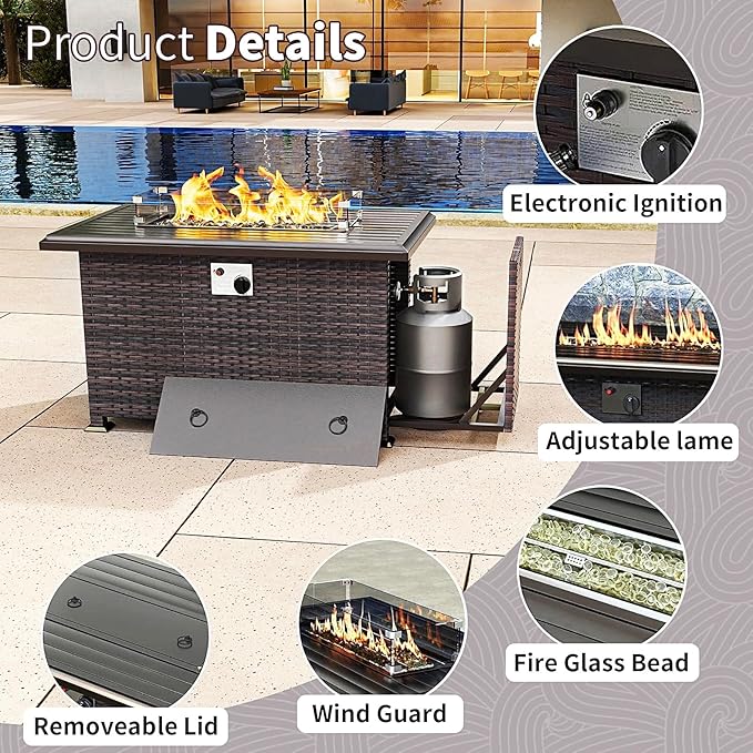Gotland 13 Pieces Patio Furniture Set with Fire Pit Table, All Weather PE Rattan Outdoor Furniture with 29.5'' High Backrest 4’’ Thick Cushions Coffee Table, Patio Conversation Set for Deck, Gray