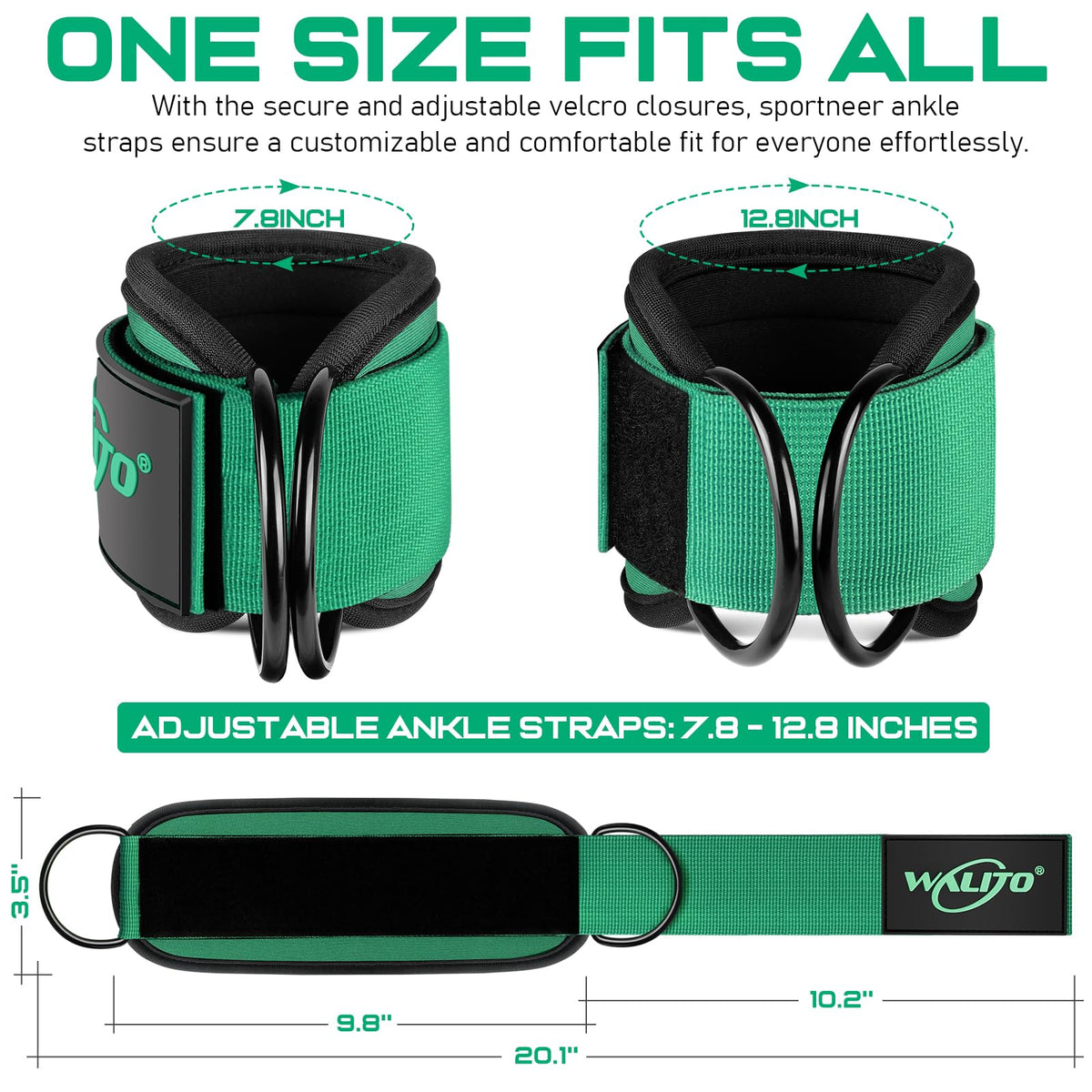 WALITO Gym Ankle Straps for Cable Machines Women & Men - Glute Kickback Ankle Cuff, Adjustable Cable Machine Accessories for Leg Extensions, Hip Abductors & Lower Body Workouts (Pair- Green)