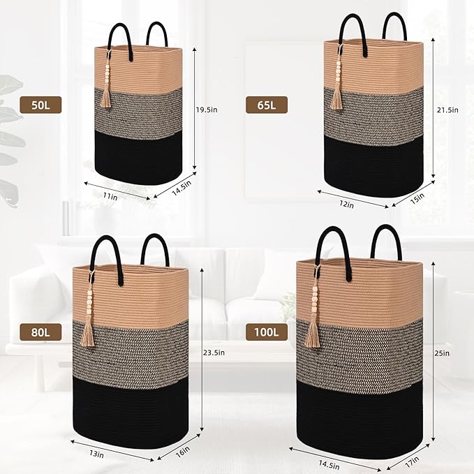 Woven Laundry Basket for Clothes, 80 L Large Rectangle Laundry Hampers with Beads Tassel, Nursery Storage Basket for Toys, Tall Dirty Clothes Hamper for Bedroom Aesthetic, Laundry Room Organization
