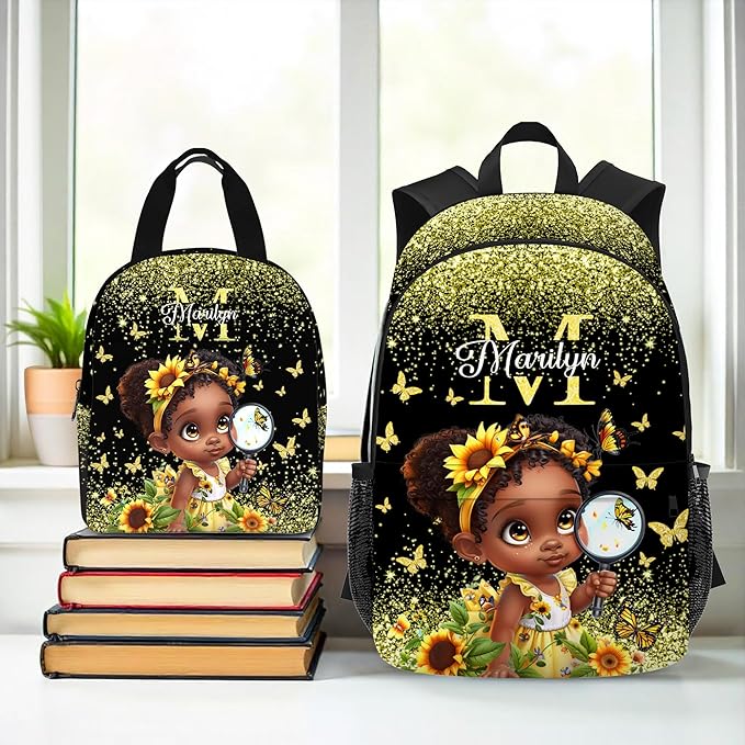 Custom Kids Backpack with Lunch Box Personalized Name Bookbag for Girls Back to School Yellow Backpacks for Elementary Middle School Boys