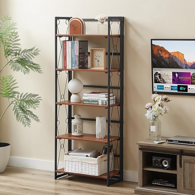 VECELO 2 Set Folding Bookshelf 5-Tier,Industrial Metal Frame & Wood Shelves,Foldable Bookcase No Assembly Free Standing Storage Organizer for Living Room,Office,Bedroom