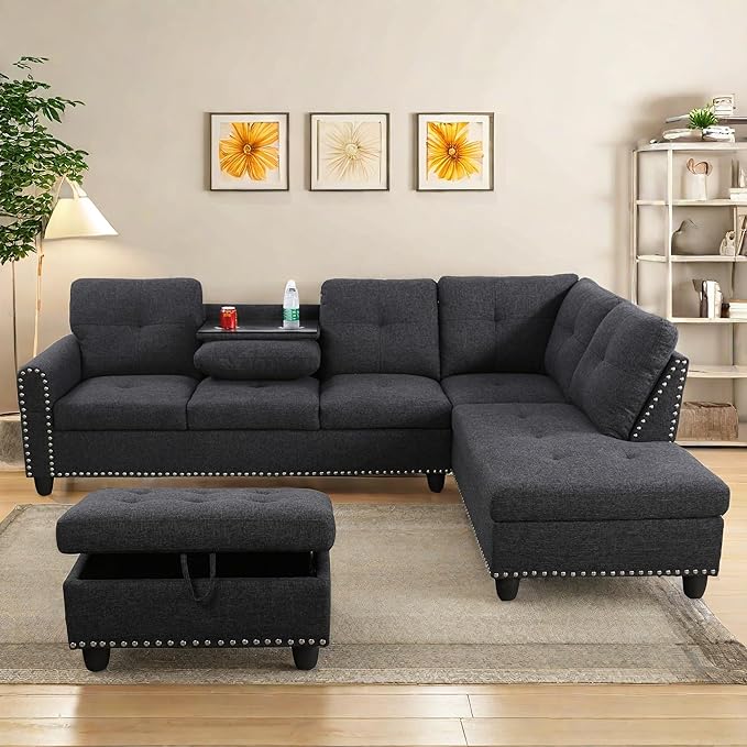 Large Storage Ottoman Sectional Sofa, L-Shaped Couch with Reversible Chaise, Space Saving Design, Gray Fabric with Accent Pillows. (Dark Gray)