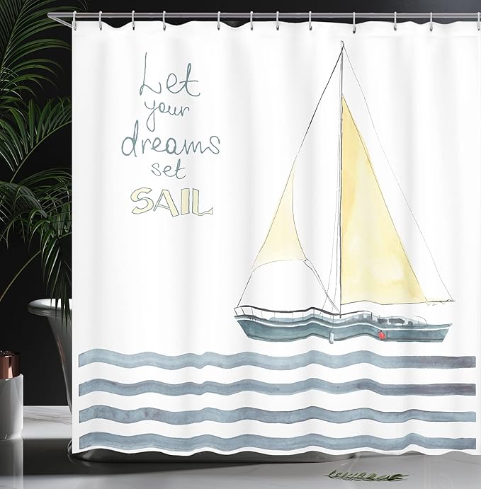 Ambesonne Nautical Shower Curtain, Let Your Dreams Set Sail Words Stripes Yacht Interior Navigation Theme, Cloth Fabric Bathroom Decor Set with Hooks, 69" W x 70" L, Pale Blue White