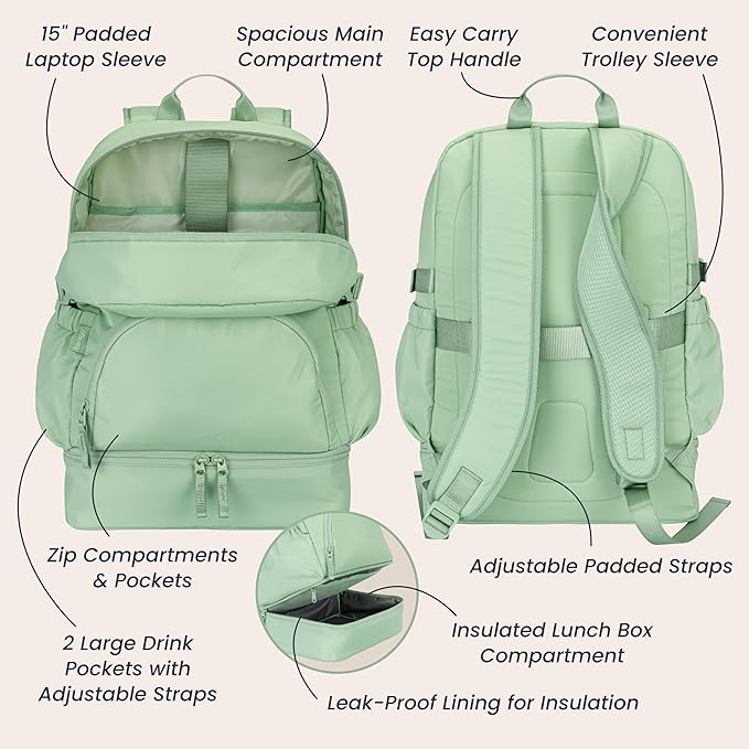 Bentgo 2-in-1 Adult Backpack & Insulated Lunch Bag – Lightweight, Water-Resistant Travel Backpack with 9 Compartments, Laptop Sleeve & Trolley Sleeve for Work & Everyday Use (Clay Green)