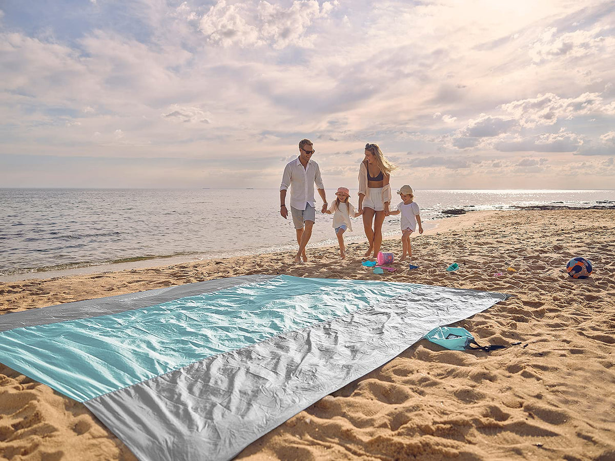 WEKAPO Beach Blanket - Sandproof Waterproof Extra Large Beach Mat | Oversized Sand-Free Lightweight Quick-Drying | Beach Vacation Essentials with Stakes & Corner Pockets (Grey, 9x7 FT)
