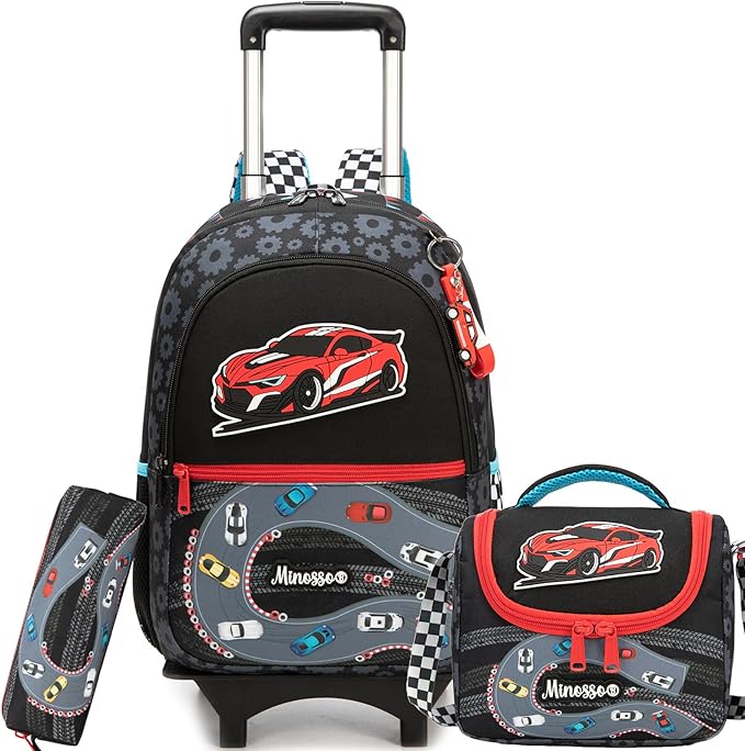 Boys Rolling Backpack for Kids 8-12 Trolley School Bag with Wheels Travel Backpack for Kids with Lunch Bag Set Back to School Supplies