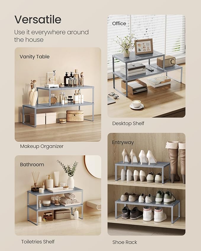 SONGMICS Spice Racks, Set of 2 Expandable Kitchen Countertop Shelves, Small Cupboard Organizers, Metal, Space-Saving Tabletop Shelves, Silver UKCS402FG01