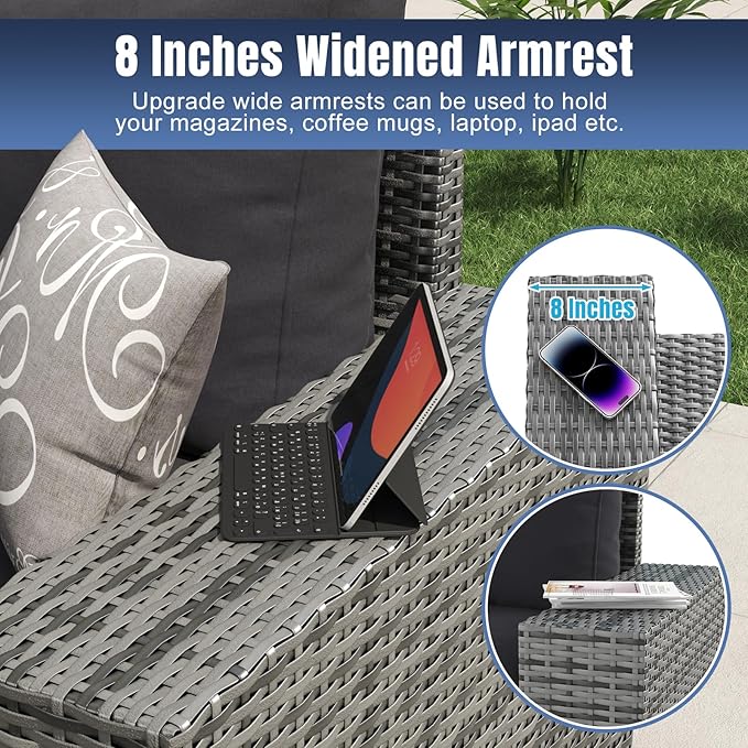 Aoxun 7 Pieces Patio Furniture Set with 40” Fire Pit Table Wicker Rattan Outdoor Sectional Conversation Set with Coffee Table and 4” Thickened Cushions, Blue(Waterproof Cover Included)