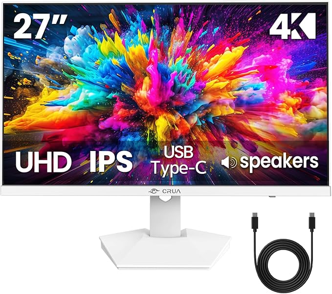 CRUA 27" 4K White Monitor, UHD(3840x2160P) IPS Panel, 60Hz Computer Monitor, Supports AMD Freesync, USB Type-C, 120% sRGB, Built-in Speakers, Wall Mountable, for Work, Streaming, and Home Office