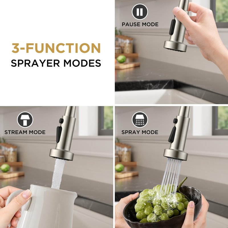 FORIOUS Kitchen Faucets with Sprayer, Brushed Nickel Stainless Steel Sink Faucet Single Handle with Deck Plate, Commercial Classic Spring Faucet for Kitchen Sink, Bar & Prep Sinks, Laundry RV Camper