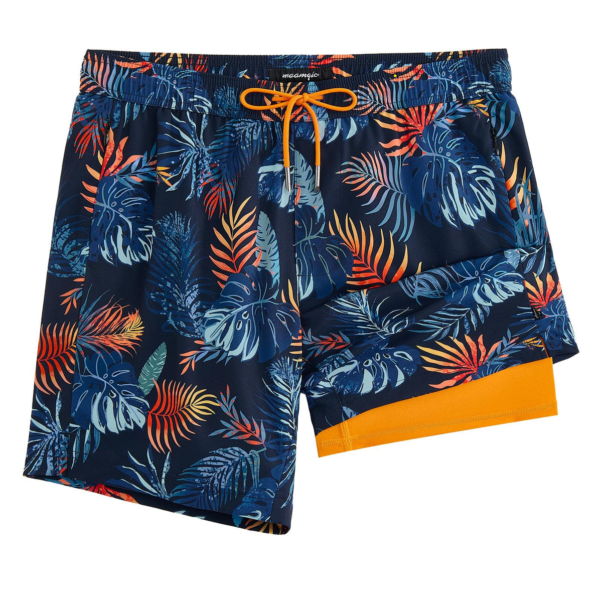 maamgic 2 in 1 Mens Swim Trunks 7 Inch Swim Shorts Swim Suits Board Shorts Palm Navy-Orange X-Small