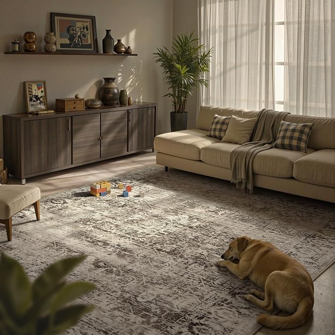 Lahome Beige Washable Rugs for Living Room 8 x 10 Large Living Room Rug Indoor Carpet,Boho Vintage Distressed Non-Slip Low-Pile Accent Bedroom Carpet for Dining Room Office Playroom(8x10,Beige)