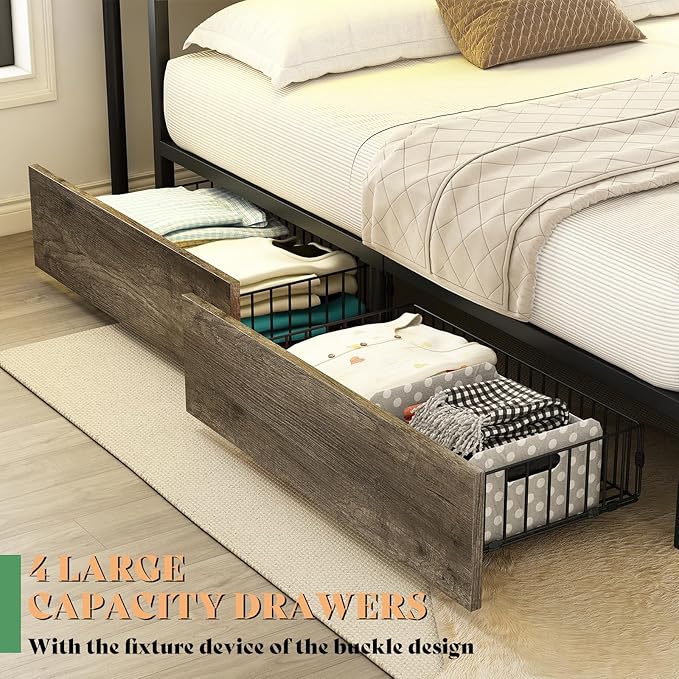AMERLIFE Full Size Bed Frame with Bookcase Headboard and 4 Storage Drawers, Wooden Platform Bed with Charging Station and LED Light, No Box Spring Needed/Noise-Free, Gray