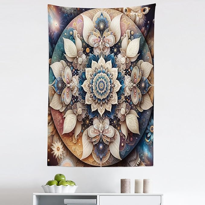 Ambesonne Mandala Tapestry, Dreamy Composition of Astral Atmosphere Blooming Trippy Floral Boho, Fabric Wall Hanging Decor for Bedroom Living Room Dorm, 30" X 45", Eggshell Sea Blue Indigo