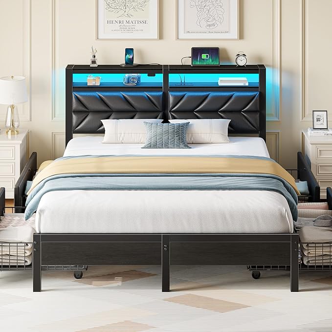 Seventable Queen Bed Frame with 4 Storage Drawers, Charging Station & LED Lights, Upholstered Headboard with 2-Tier Shelves, Metal Platform Bed, No Box Spring Needed, Noise-Free, Black