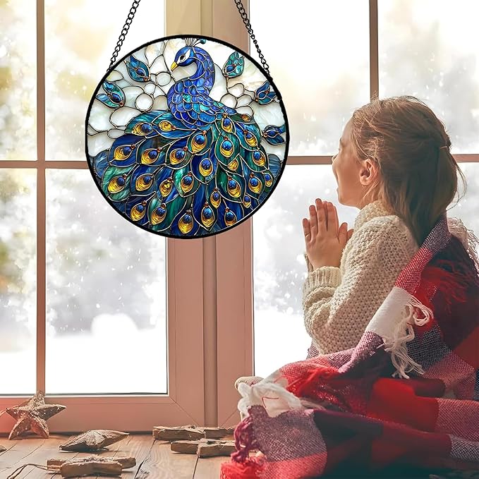 Stained Glass Window Hanging - Peacock Blue Gold Feathers Sun Catcher for Door Garden Home Decor Bird Suncatcher Christmas Mother's Day Birthday Gifts for Women Men Mom Nana 7.8 in