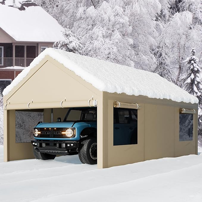 Walsunny Carport, 10x20 ft Heavy Duty Carport Canopy with Roll-up Windows, Portable Garage with Removable Sidewalls & Doors, Car Canopy with All-Season Tarp for Car, Truck, Boat