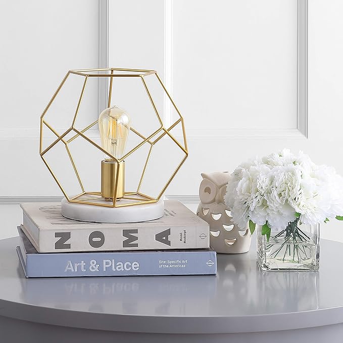 JONATHAN Y 10" Brass Gold Geometric Table Lamp, Midcentury Modern Metal Desk Lamp for Living Room Bedroom, White Marble Base, Glam Bedside Nightstand Light with LED Bulb JYL1047A