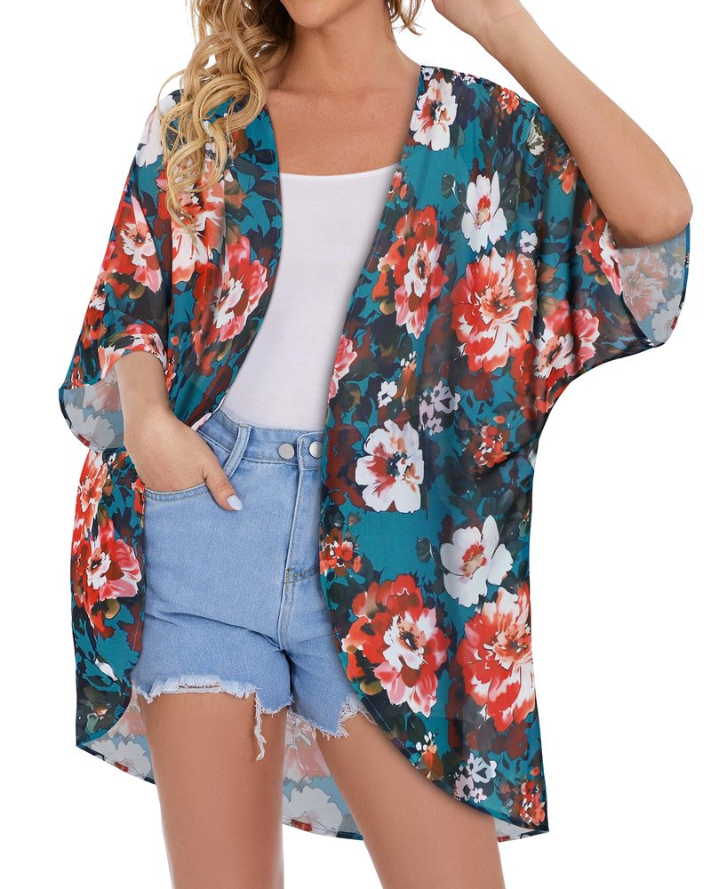 Women's Floral Kimono Print Puff Sleeve Loose Cardigan Cover Up Casual Blouse Summer Tops (Blue Red Floral, 3XL)