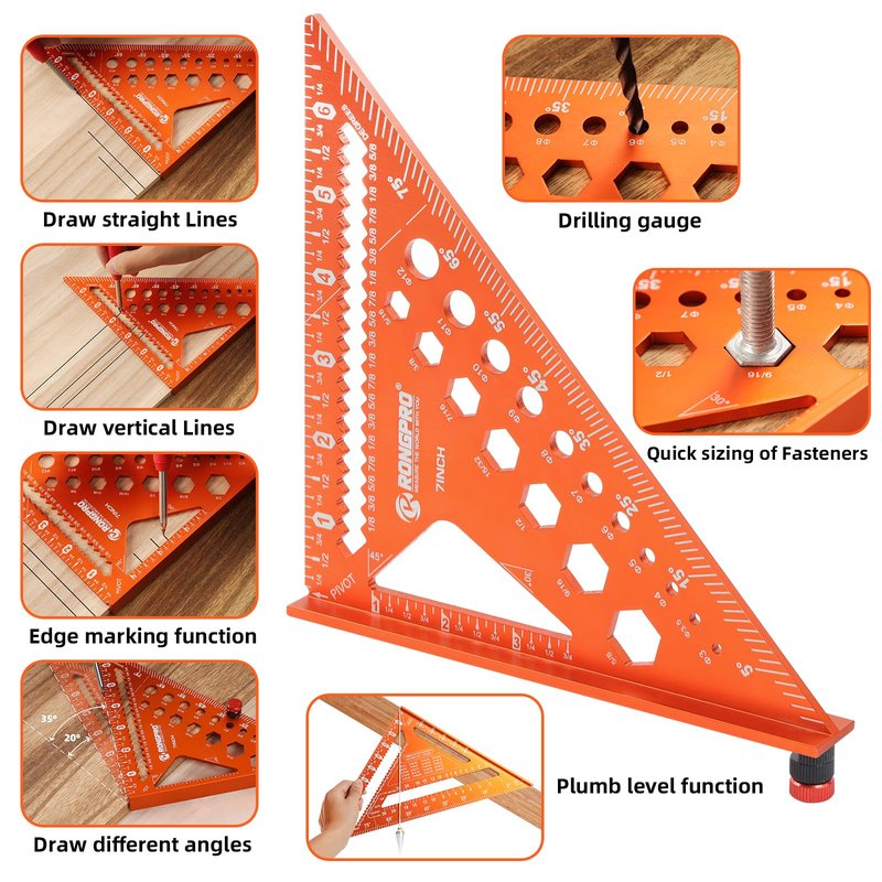 2pcs Rafter Square, 12-inch & 7-inch Carpenter Sqaure Set withWoodworking Pencil, Carpenter Measuring Layout Tool,Aluminum Alloy Triangle Ruler for Woodworking- Imperial