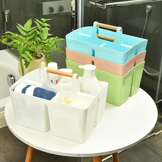 ALINK Portable Shower Caddy Basket with Compartments, Plastic Divided Cleaning Caddy Organizer Storage Tote with Handle for Bathroom, College, Dorm Room Essentials - Beige