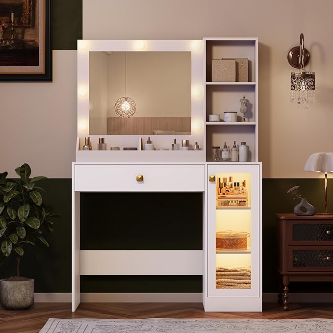Makeup Vanity with Mirror and Lights, 34'' Wide Dressing Table with Charging Station & RGB Glass Cabinet, Small Vanity Desk with 3 Color Lighting Modes & Adjustable Brightness, White