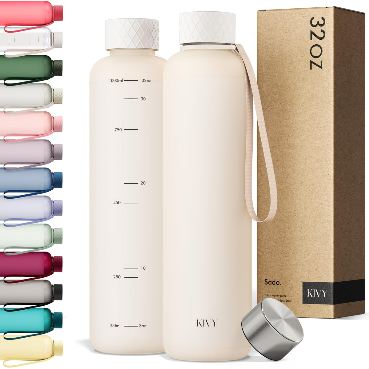 KIVY Slim Water Bottle 32oz [Lightweight & Shatterproof] Fits Backpack & Cupholder for Travel, Sports, School - Beige water bottle no straw - Cute aesthetic water bottles screw top - Dishwasher Safe