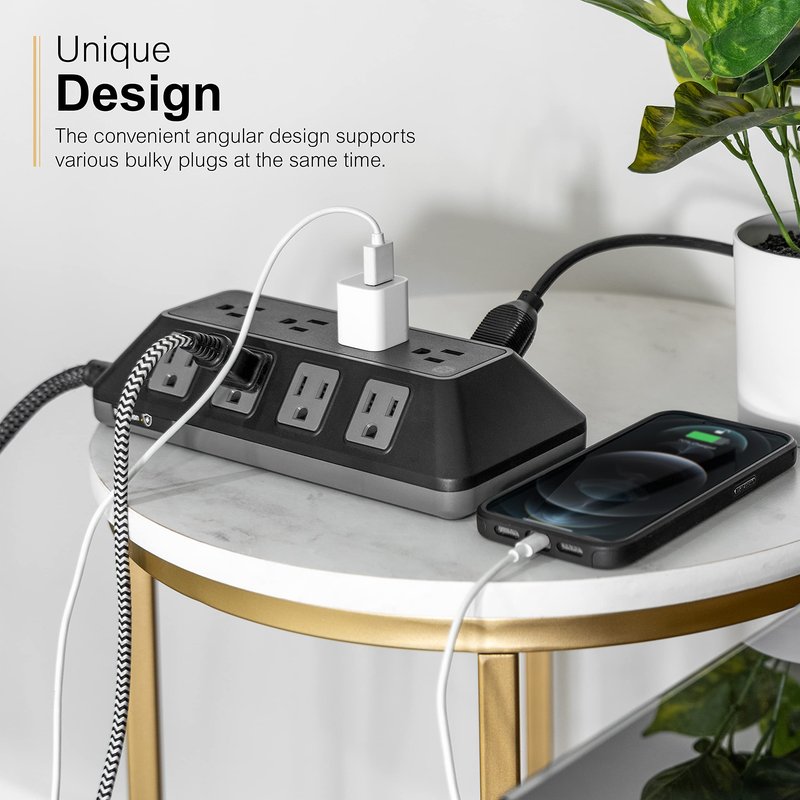 GE UltraPro Adapt 12-Outlet Surge Protector, 6ft Braided Heavy Duty Extension Cord, Flat Plug Power Strip, 3540 Joules, Black, 74542