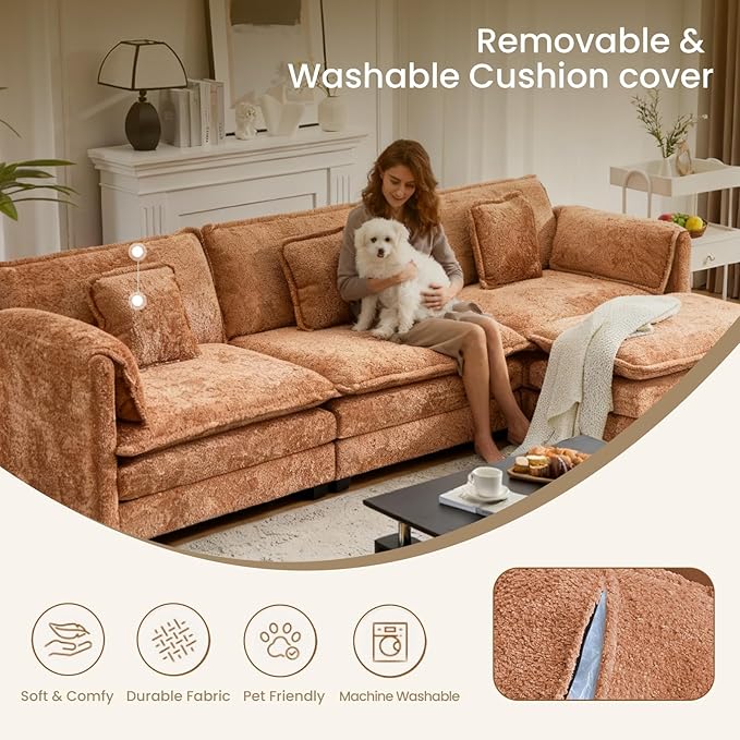 112" Modular Sectional Sofa with Movable Ottoman, L Shaped Couches for Living Room, 3 Seater Comfy Cloud Couch with Removable Cover, Armrest Pillow (Orange)