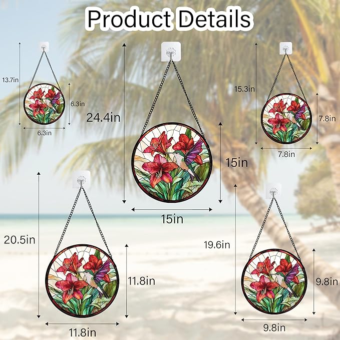 Stained Glass Window Hanging - Hummingbird On Red Lily Flower Sun Catcher for Door Garden Decor Suncatcher Christmas Mother's Day Birthday Gifts for Bird Lovers Women Men Mom Nana 7.8 in