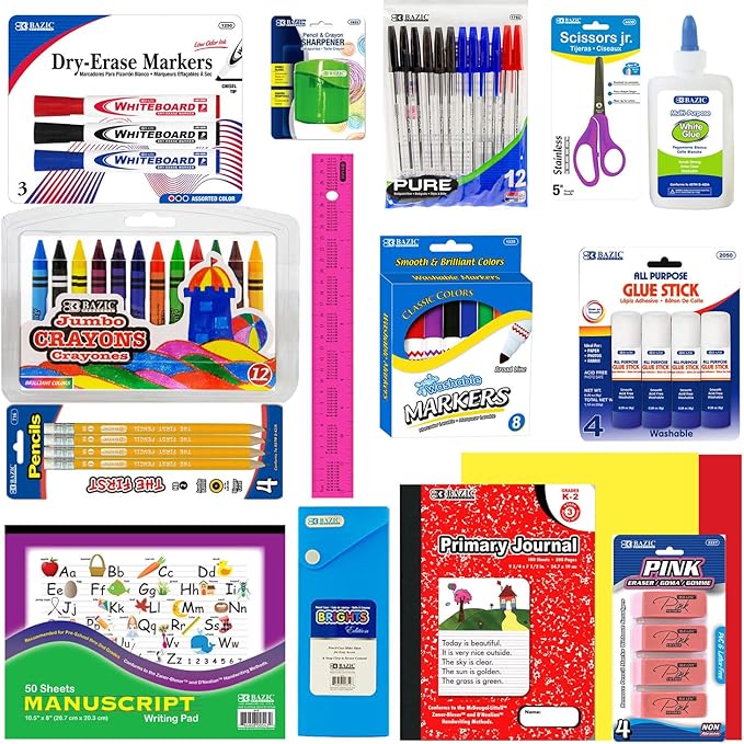 OMURA Learning Primary School Supplies Kit (K–2) – 56-Count Back-to-School Supply Box for Students | Composition Book, Ruler & Early Learning Essentials for Kindergarten School Supplies Color may Vary