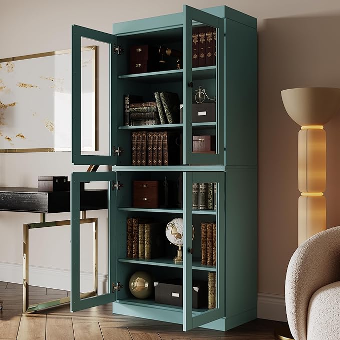 Palace Imports Solid Wood Bookcase - 6-Tier Tall Bookshelf, 71.5” H x 32” W - Aqua, Clear Glass Cabinet Doors & Adjustable Shelves for Living Room, 100% Renewable Eco-Friendly Wood, Made in Brazil