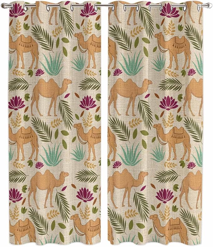 2 Panel Kitchen Cafe Curtains, Desert Camels Sunlight Filtering Nature Air
