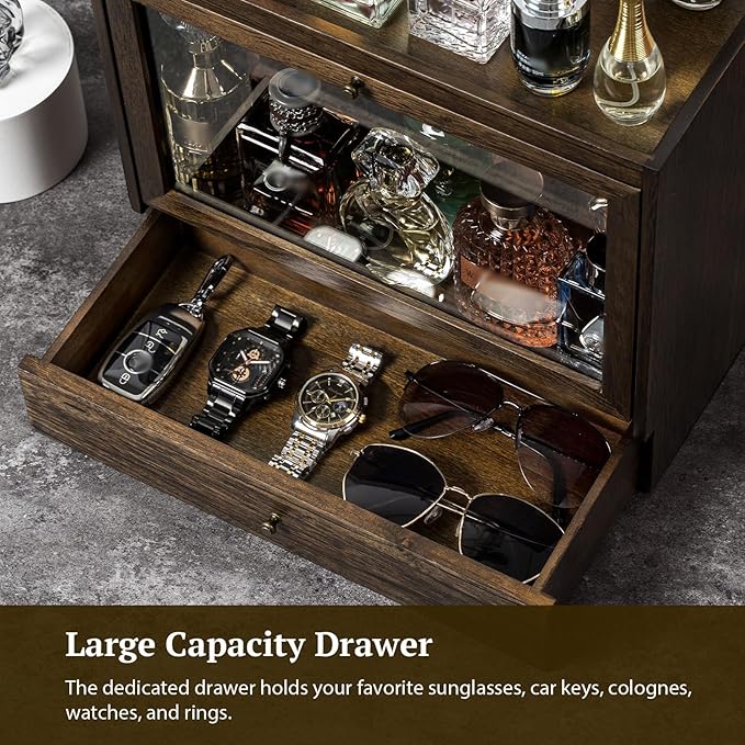Cologne Organizer for Men, Solid Wood Perfumes Organizer for Men Dresser, Large Capacity Dustproof Cologne Holder with Drawer Storage Perfume Stand Organizer, Ideal Gift for Loved ones