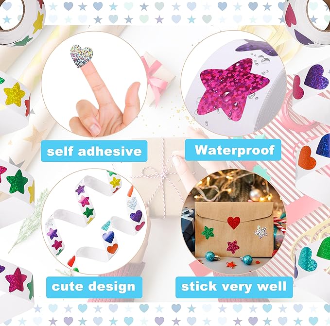 1000 Pcs Foil Heart Stickers, 1 Inch Glitter Small Shiny Sticker for Kids Reward, Self-Adhesive Colorful Incentive Gift for Teachers Supplies, Party Decoration, Wedding