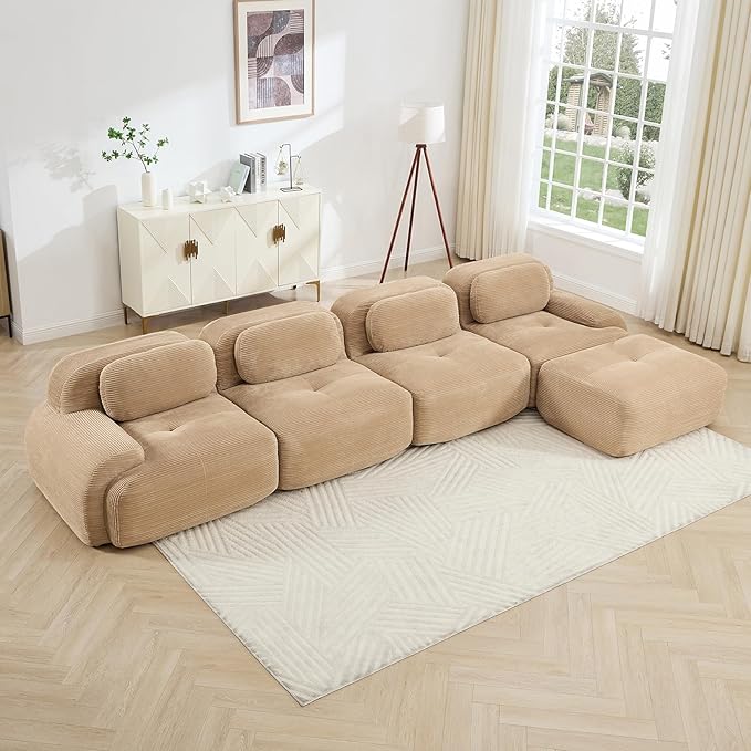 152" Modern Corduroy Cloud Sofa with Ottoman, L Shaped Boneless Modular Large Sectional Couches for Living Room, Camel 4 Seater Compressed Memory Foam Couch, Extra Deep Seat, No Assembly