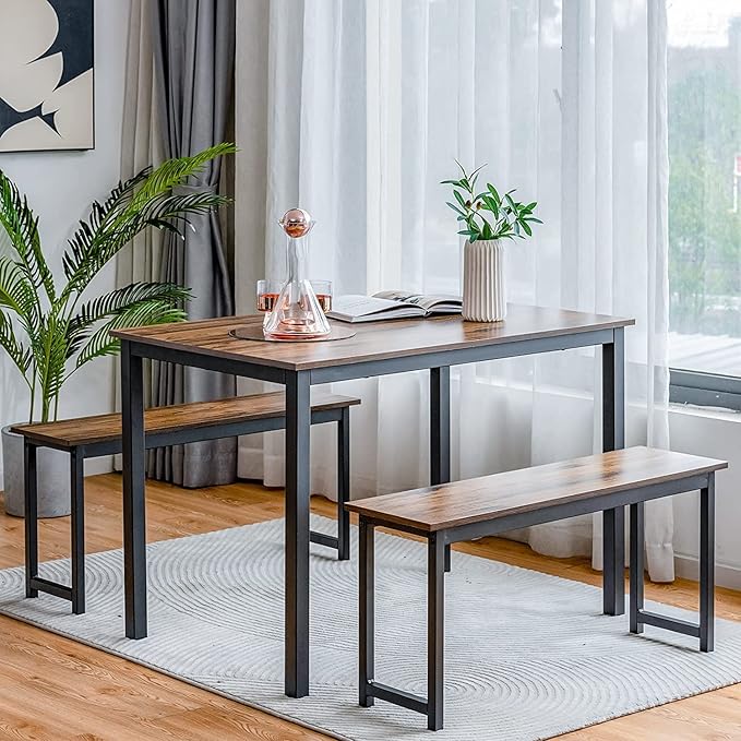 LDAILY Moccha Dining Table Set for 4, Kitchen Table with Benches,43 Inch 3-Piece Wooden Space-Saving Dinette Set with Metal Frame for Kitchen, Dining Room,Small Spaces, Rustic Brown & Black