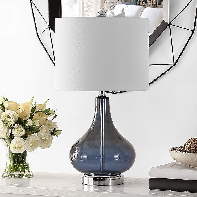 SAFAVIEH Lighting Collection – Brooks Modern Blue Glass 24-Inch Table Lamp, LED Bulb Included, Bedroom Living Room Home Office Nightstand Desk (TBL4254B)