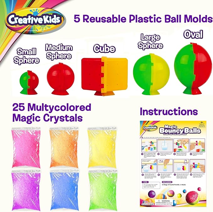 Creative Kids Magic Bouncy Balls - DIY STEM Toys - Science Kit for Kids - 25 Multicolor Bags & 5 Molds Makes Up to 43 Balls