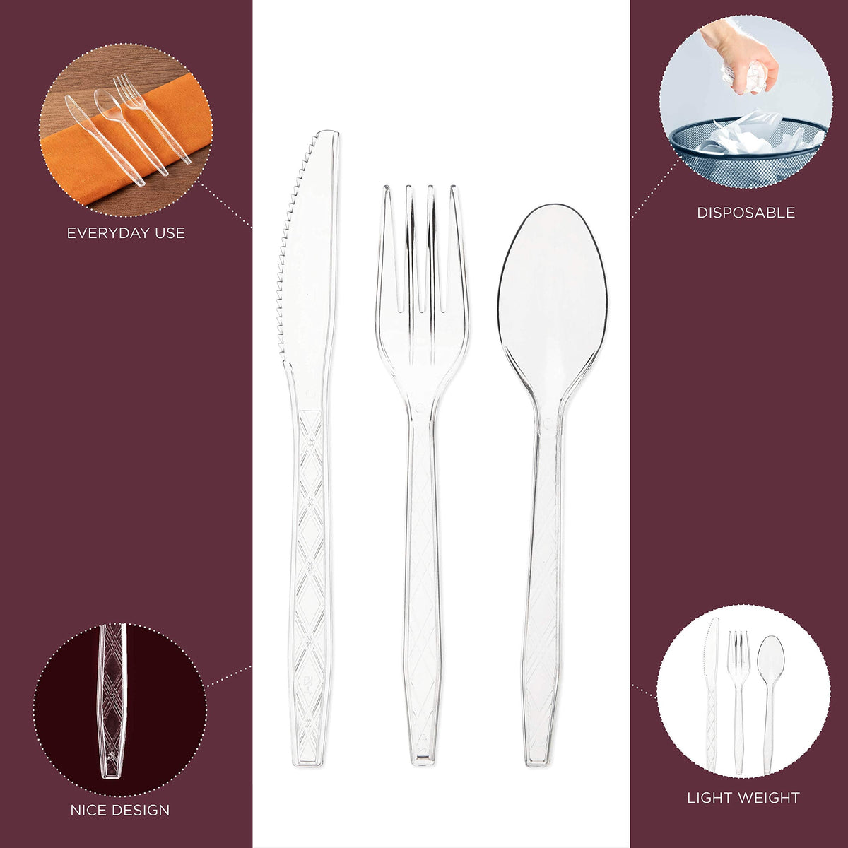 PARTY BARGAINS Argyle Settings Clear Plastic Cutlery Set 2160‑Piece – 1080 Forks, 720 Spoons, 360 Knives – Heavy‑Duty Disposable Utensils for Parties, Weddings, Buffets, BBQs & Catering – BPA Free