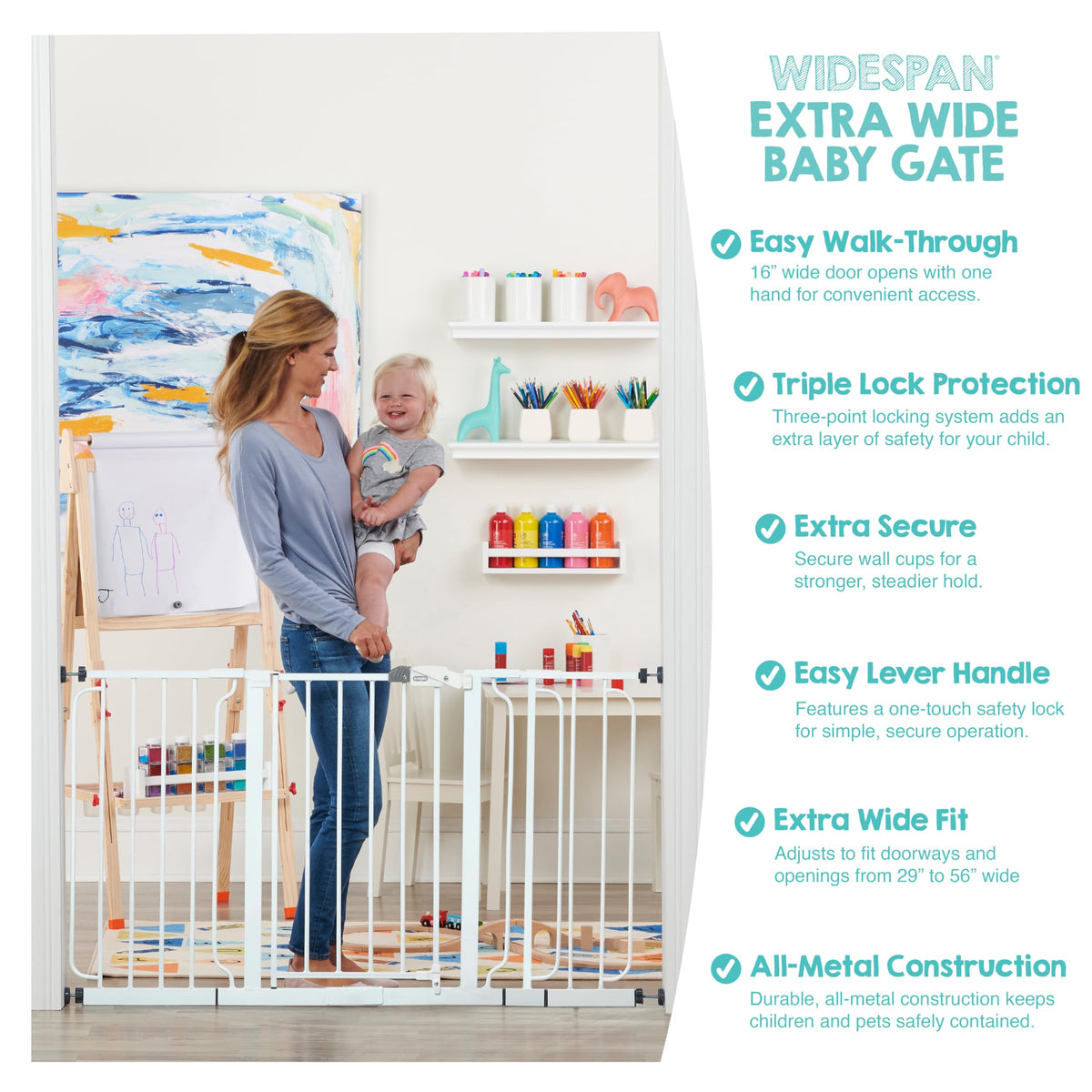 Regalo Safety 29-56" Extra Wide Baby Gate for Doorways & Bottom of Stairs, Pressure Mounted Baby Gate with Door for Babies, Toddlers & Pets, Tested & Safe for 30 Years, American Designed and Owned
